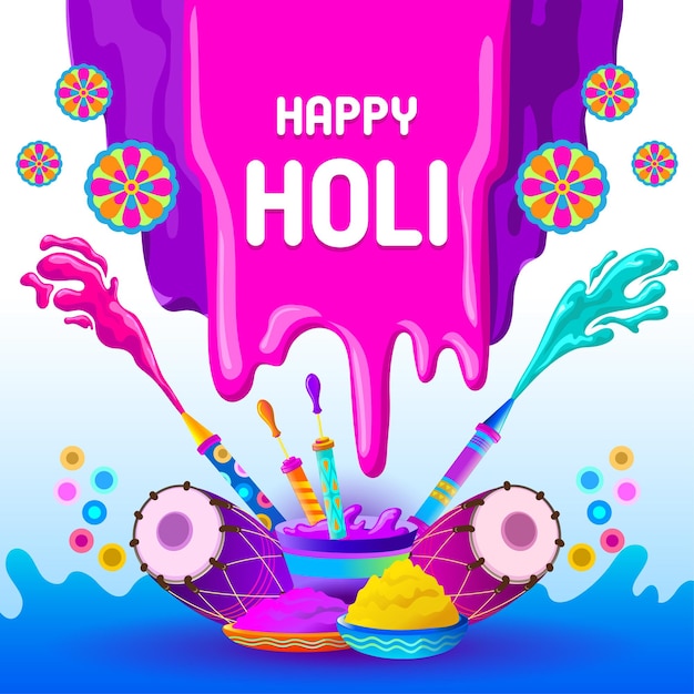 Holi festival designs with colorful powder and water gun