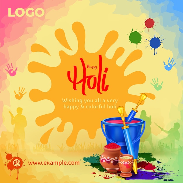 Vector holi festival elements on watercolor background with gulal pichkari color splash social media post