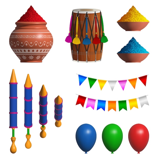 Holi festival isolated elements. Set of traditional indian festival objects.