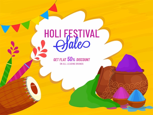 Holi festival sale poster design con sconto del 50%