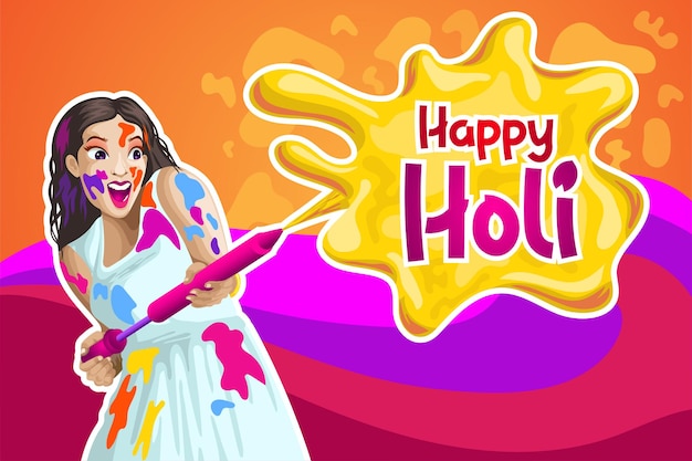 Holi greetings with a girl splashing color