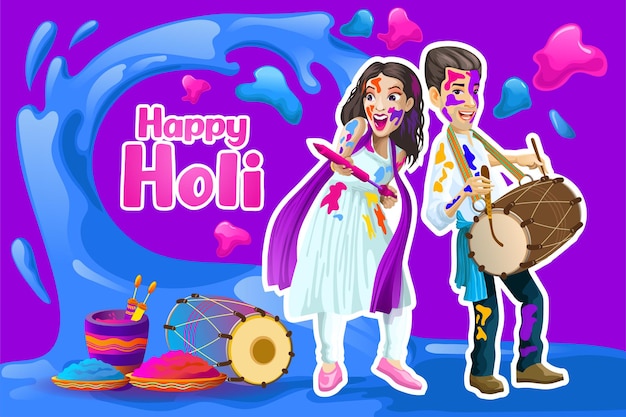 Holi greetings with joyful indian couple