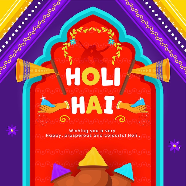 Holi hai (it's holi) concept met modderpotten vol kleurpoeder