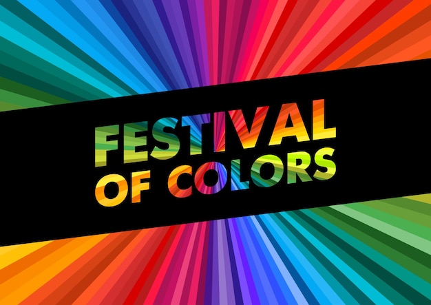 Vector holi happy festival kleuren begroeten kleurrijke regenboog stralen achtergrond. belettering vector illustratie poster