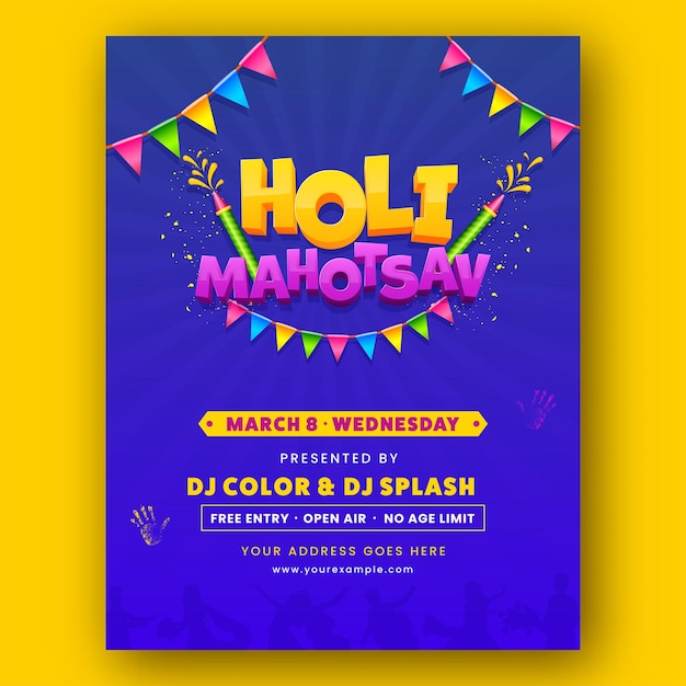 Holi mahotsav party invitation card template layout with event details in blue color