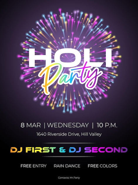 Holi Party Flyer In Purple Color Happy Holi Indian Festival of Colors for Social media Ad, Flyer