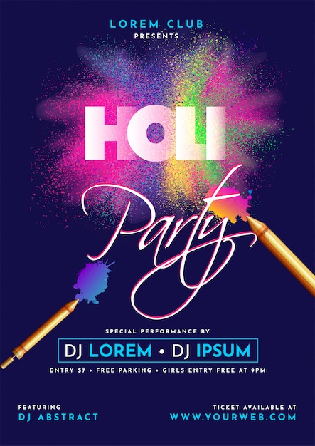 Holi Party template or flyer design with time, date and venue de