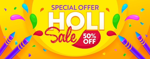 Holi Sale Banner, Social Media Promo Ad with Colorful Paint Spots, Pencils and Typography with Confetti. Shopping Discount Special Offer, Content Decoration Backdrop, Announcement. Vector Illustration