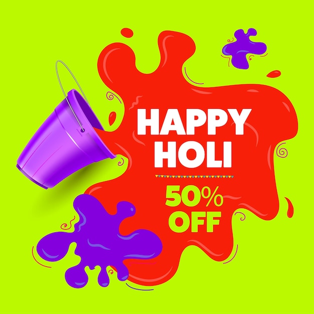 Holi sale special offer template. color splash coming out from bucket.