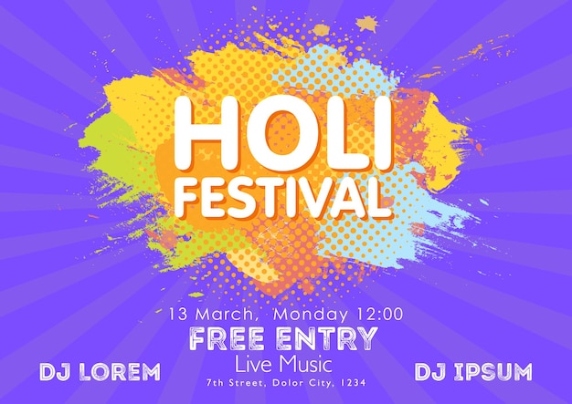 Holi spring festival of colors invitation template with colorful powder paint clouds and sample text. Blue, yellow, pink and orange powder paint. Vector illustration.