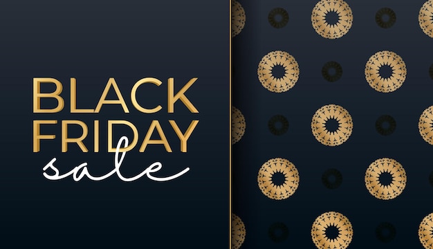 Holiday advertising for black friday in blue with luxurious gold ornaments