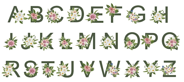 Vector holiday alphabet decorated with watercolor flowers