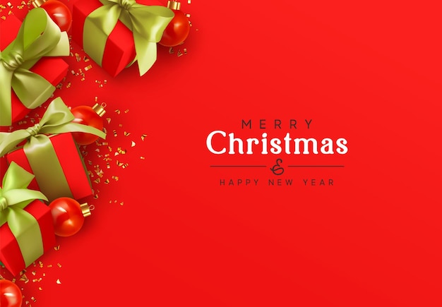 休日の背景メリー クリスマスと新年あけましておめでとうございます。クリスマス デザインお祝いオブジェクト、赤いギフト ボックス、安物の宝石ボール、キラキラ金の紙吹雪。お祝いバナー、ポスター、グリーティング カード。ベクトル図