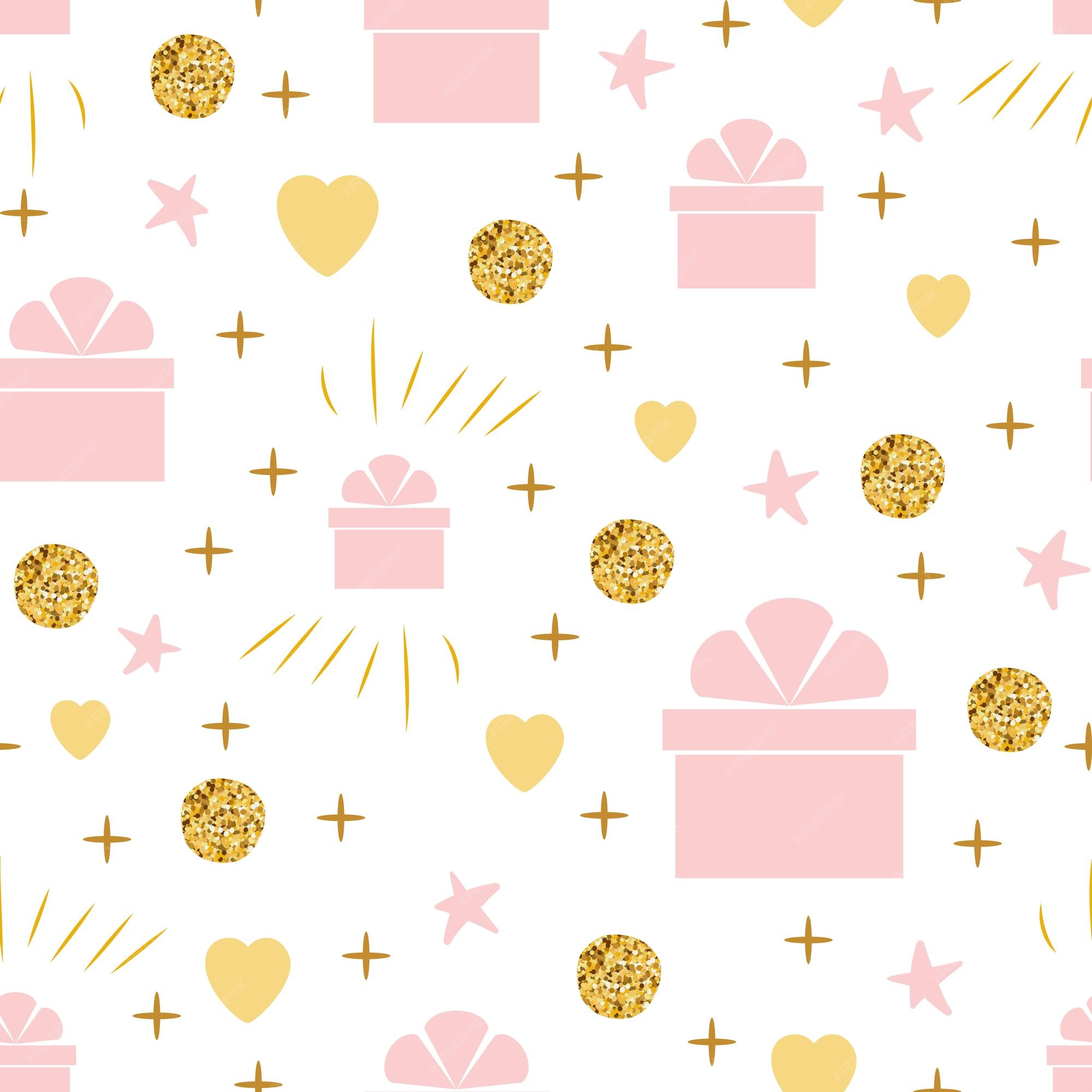 Premium Vector | Holiday background seamless happy birthday pattern with gift box gentle pink golden colors vector illustration fabric or textile design for baby or girl cloth wallpaper wrap cover wraping package Premium Vector | Holiday background seamless happy birthday pattern with gift box gentle pink golden colors vector illustration fabric or textile design for baby or girl cloth wallpaper wrap cover wraping package