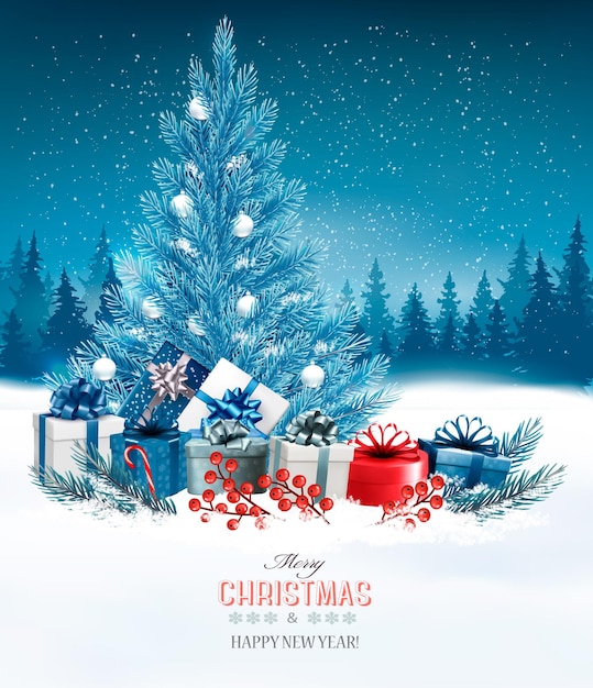 Holiday background with a blue Christmas tree and presents