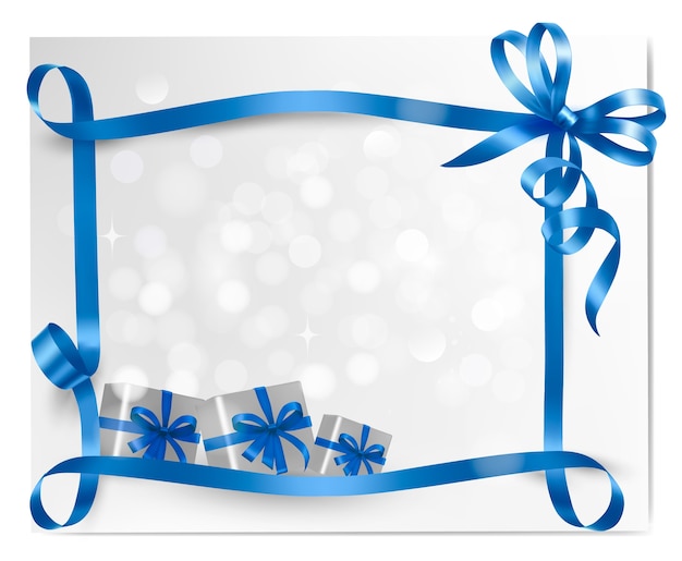 Holiday background with blue gift bow with gift boxes