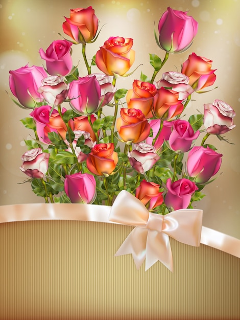 Vector holiday background with bouquet of rose flowers with bow and ribbon.