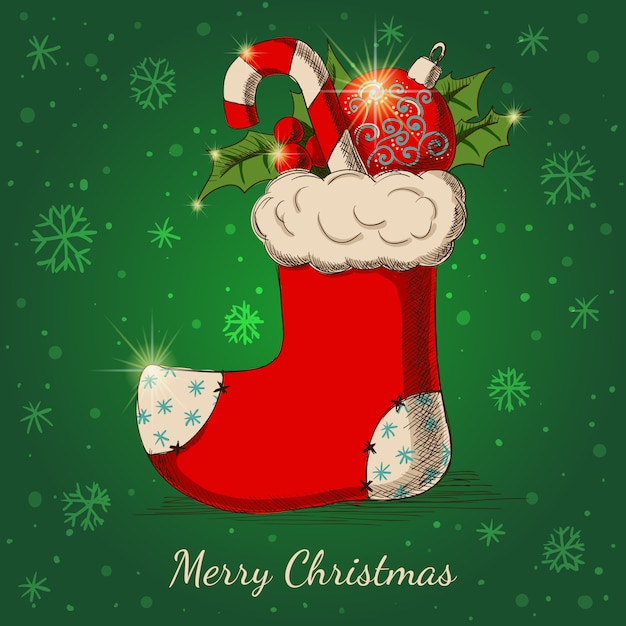 Vector holiday background with christmas hand drawn sock