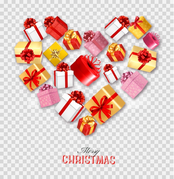 Holiday background with colorful gift boxes collected in a heart shape Gift giving concept Vector illustration