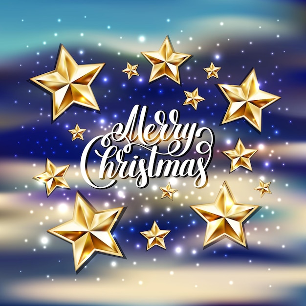 Holiday background with golden stars and handwritten lettering calligraphic inscription merry