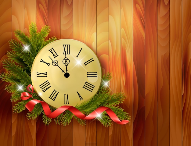 Holiday background with tree branches and clock