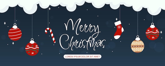 Holiday banner design with hanging Christmas baubles