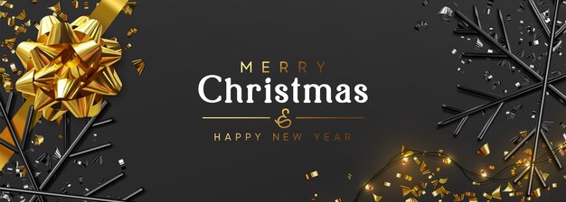 Banner festivo buon natale e felice anno nuovo. sfondo scuro, arco magnifico realistico dorato, ghirlanda di bulbo giallo chiaro, coriandoli oro glitter, fiocchi di neve neri rendering 3d. design notturno di natale.