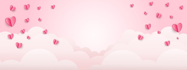 Holiday banner for Valentines Day with paper pink hearts isolated on pink background
