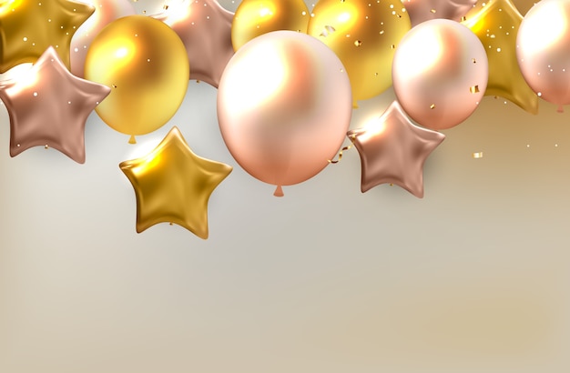 Holiday banner with pink and golden Balloons.