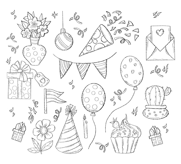 Вектор Праздник день рождения праздничный набор каракули букет цветы день рождения шапка торт шарики подарки и гирлянды