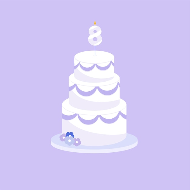Vector holiday cake with an age eight candle in a flat style vector illustration