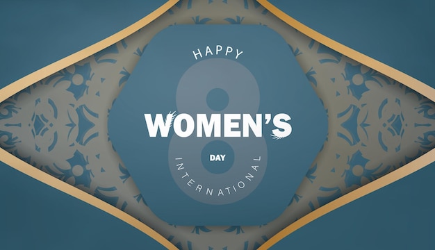 Праздничная открытка 8 марта международный женский день в синем с зимним золотым узором
