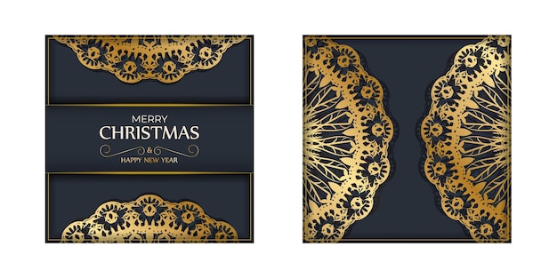 Holiday card Happy New Year in dark blue color with luxury gold pattern