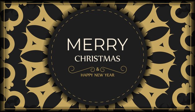 Vector holiday card merry christmas and happy new year in black with vintage orange pattern