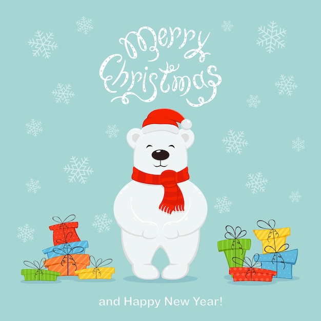 Holiday card. Polar bear and colorful presents on blue background. Lettering Merry Christmas and Happy New Year. Illustration can be used for holiday design, cards, invitations and banners.