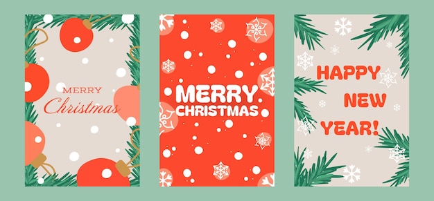 Holiday card set featuring vibrant designs with Christmas and New Year themes Includes ornaments snowflakes pine branches and festive lettering in red gold and green tones for seasonal greetings