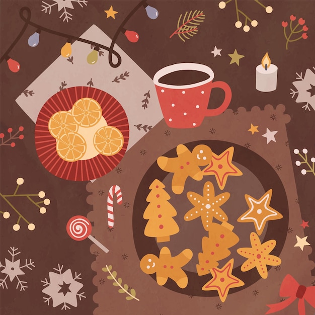 Holiday card template with table surface, delicious homemade sweet cookies and orange slices lying on plates, cup of tea and Christmas decorations. Colorful festive vector illustration in flat style.