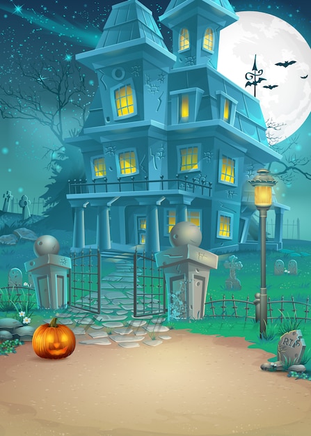 ベクトル 神秘的なハロウィーンのお化け屋敷と怖いカボチャのホリデーカード