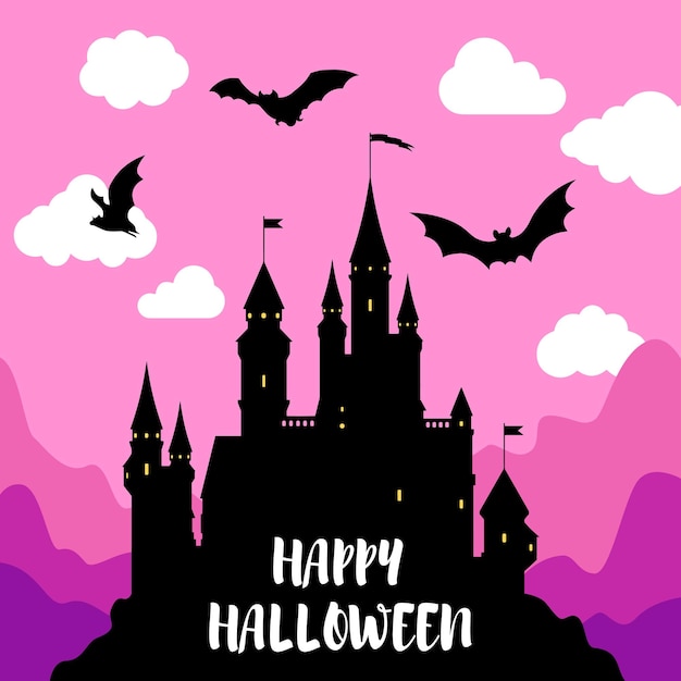 Holiday card with amazing view of castle, bats in sky and text Happy Halloween.