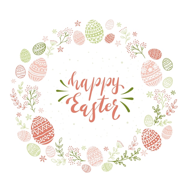 Biglietto di auguri con uova di pasqua verdi e rosa ed elementi floreali. lettering buona pasqua isolato su sfondo bianco, illustrazione.