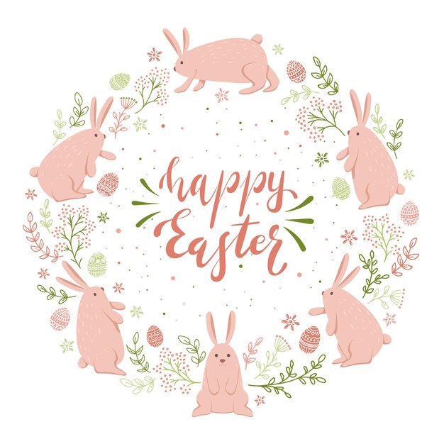 Holiday card with pink Easter rabbits, eggs and green floral elements on white background, illustration.