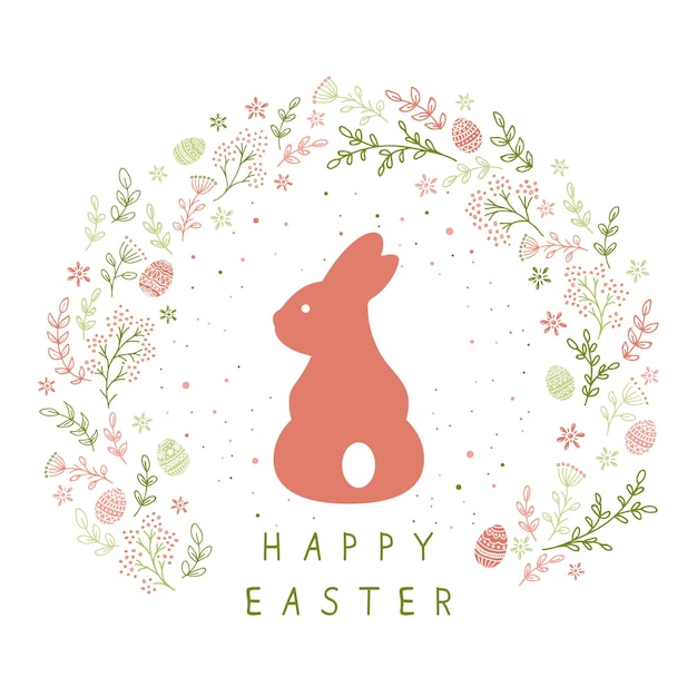 Holiday card with rabbit, Easter eggs and floral elements. Text Happy Easter isolated on white background. Illustration can be used for holiday design, banner, website, greeting cards.