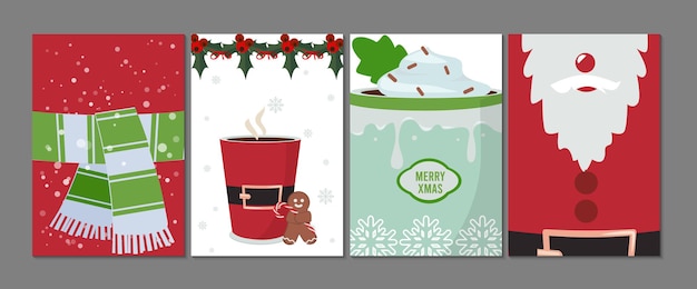 Holiday cards. Christmas New year flyers, festive decoration banner template. Santa Claus gingerman and hot winter drinks vector illustration. Christmas greeting traditional flyer, new winter holiday