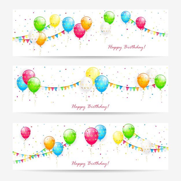 Biglietti di auguri con palloncini colorati stendardi e coriandoli illustrazione di banner di compleanno