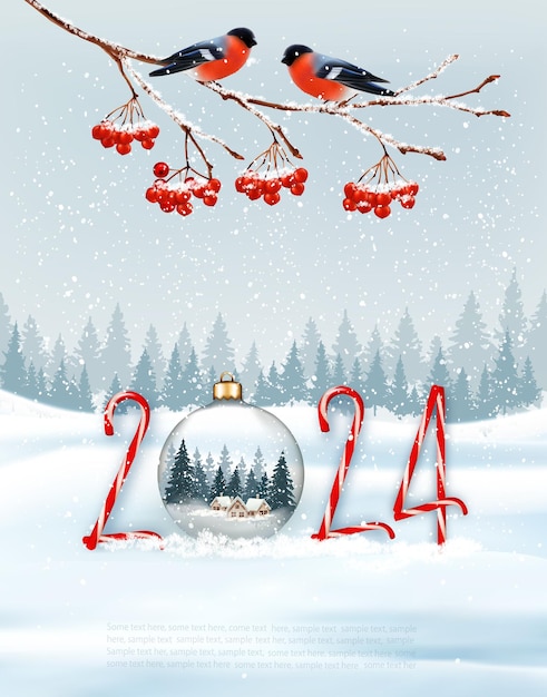 Vector holiday christmas background and happy new year with red bullfinches on branch of a christmas tree and 2024 numbers with transparent ball vector