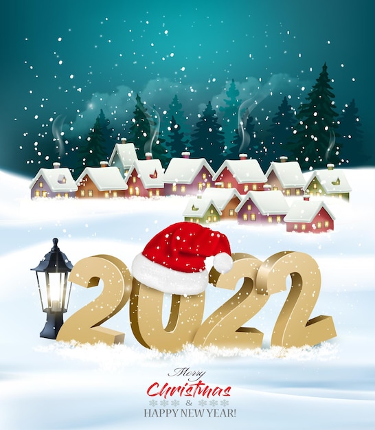 Holiday christmas background with 2022 and gift boxes and landscape with winter village and christmas branch of tree. Vector