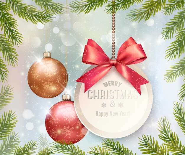 Holiday christmas background with branches of tree and a colorful balls. vector