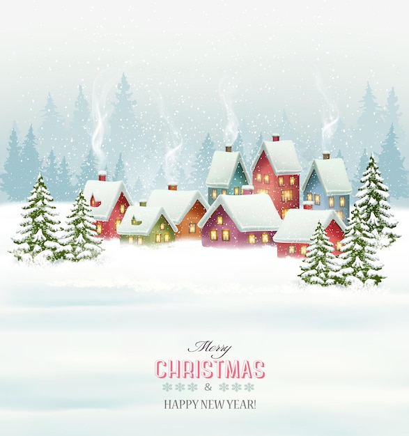 Holiday christmas background with a village and  trees