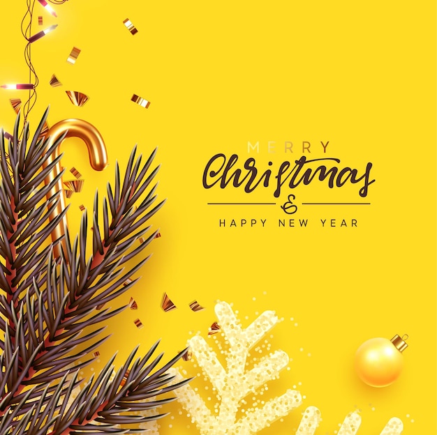 Holiday Christmas background. Xmas design with realistic festive object, sparkling light garland, yellow snowflake, glitter gold confetti, pine, fir branche, ball bauble. Happy New Year. flat top view