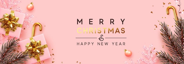 Holiday Christmas banner. Xmas design with realistic festive objects, sparkling lights garland, gift box, pink snowflake, glitter gold confetti, pine and fir branches. Header for site Happy New Year.